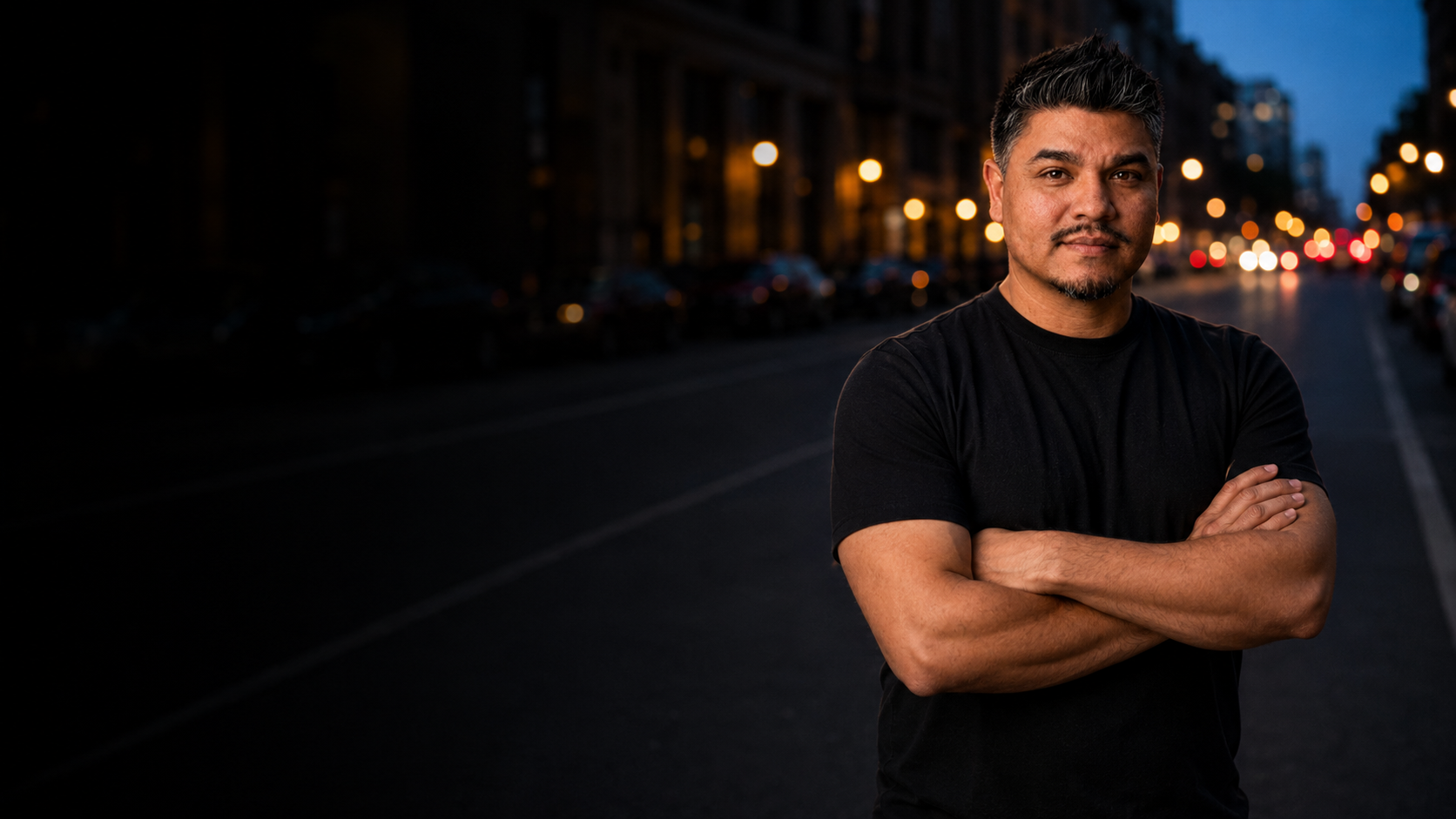 Chris Serra, founder of Distinguished Creative Co., on a city street at dusk.